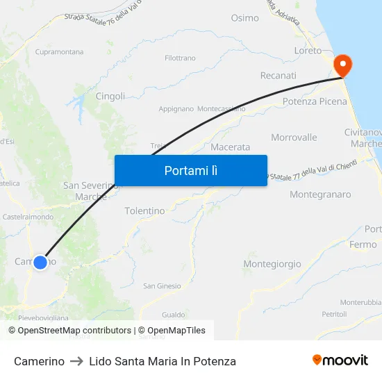 Camerino to Lido Santa Maria In Potenza map