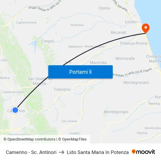 Camerino - Sc. Antinori to Lido Santa Maria In Potenza map