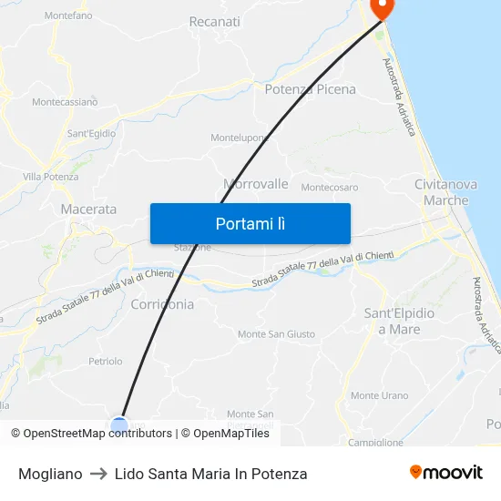 Mogliano to Lido Santa Maria In Potenza map
