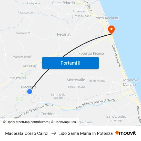 Macerata Corso Cairoli to Lido Santa Maria In Potenza map