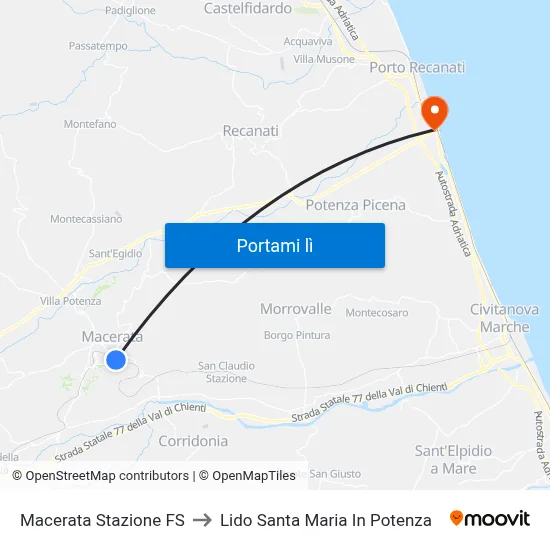 Macerata Stazione FS to Lido Santa Maria In Potenza map