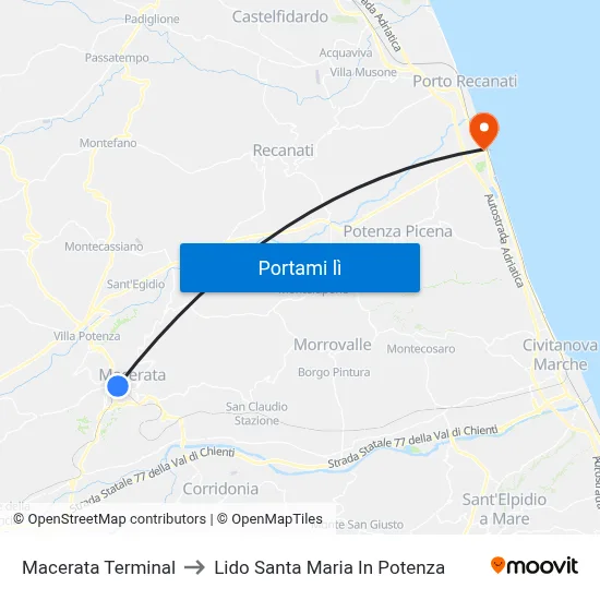 Macerata Terminal to Lido Santa Maria In Potenza map