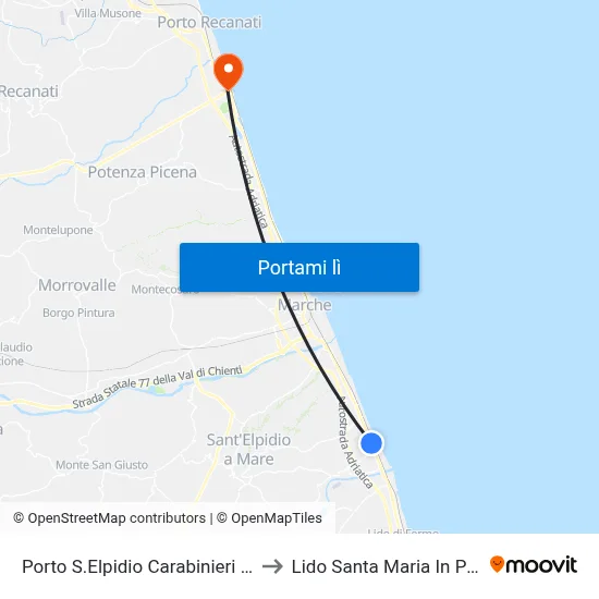Porto S.Elpidio Carabinieri Dir. Sud to Lido Santa Maria In Potenza map