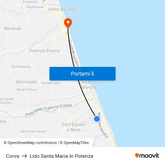 Corva to Lido Santa Maria In Potenza map