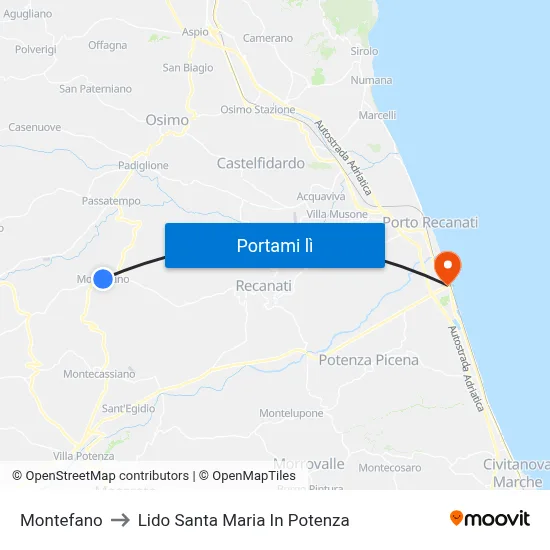 Montefano to Lido Santa Maria In Potenza map