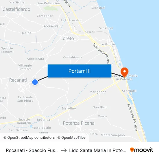 Recanati - Spaccio Fuselli to Lido Santa Maria In Potenza map