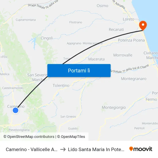 Camerino - Vallicelle Alte to Lido Santa Maria In Potenza map