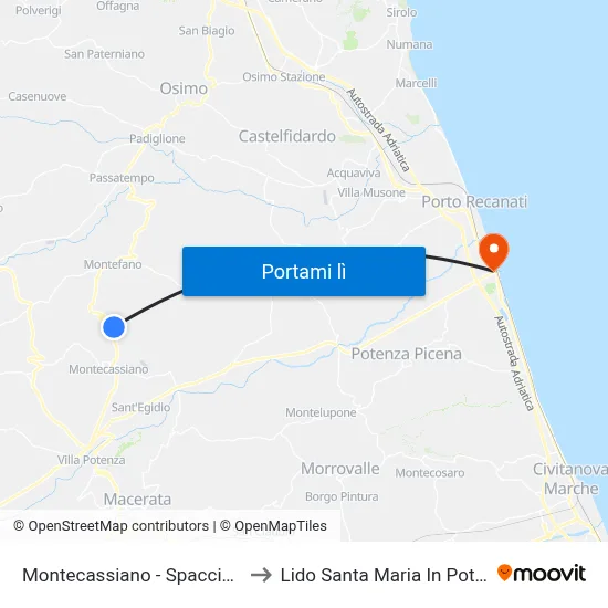 Montecassiano - Spaccio Sira to Lido Santa Maria In Potenza map