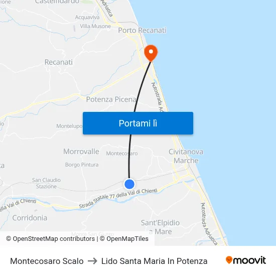 Montecosaro Scalo to Lido Santa Maria In Potenza map