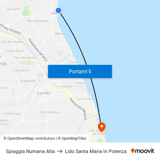 Spiaggia Numana Alta to Lido Santa Maria In Potenza map