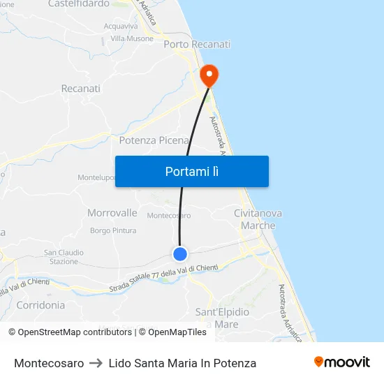 Montecosaro to Lido Santa Maria In Potenza map