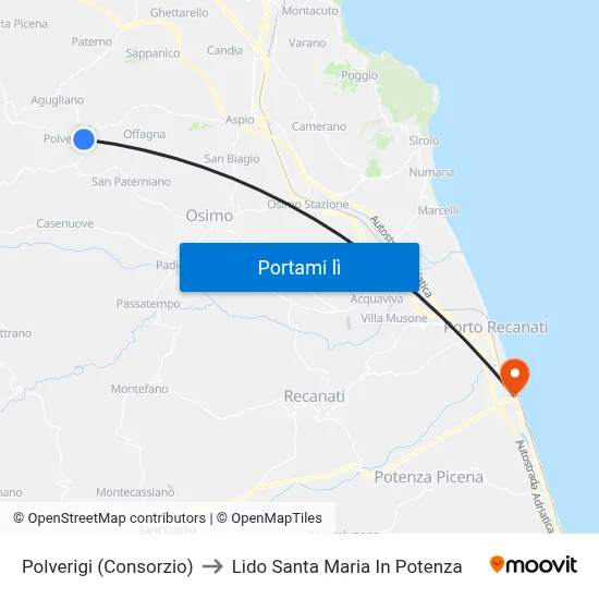 Polverigi (Consorzio) to Lido Santa Maria In Potenza map