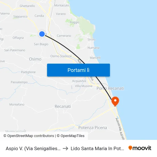 Aspio V. (Via Senigalliese 5) to Lido Santa Maria In Potenza map