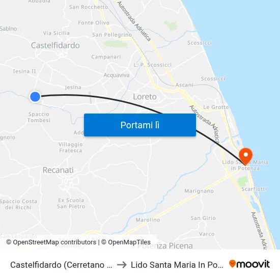 Castelfidardo (Cerretano Vivai) to Lido Santa Maria In Potenza map