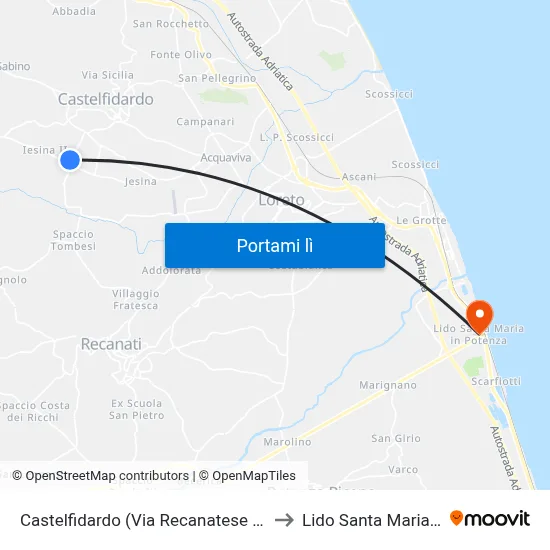 Castelfidardo (Via Recanatese Incr. Via Macerata) to Lido Santa Maria In Potenza map