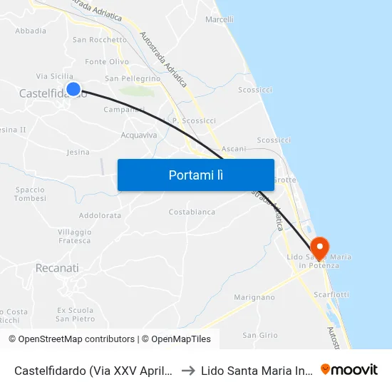 Castelfidardo (Via XXV Aprile Ospedale) to Lido Santa Maria In Potenza map