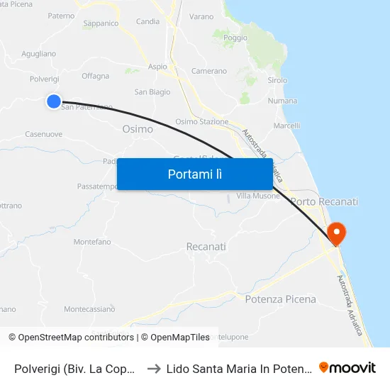 Polverigi  (Biv. La Coppa) to Lido Santa Maria In Potenza map