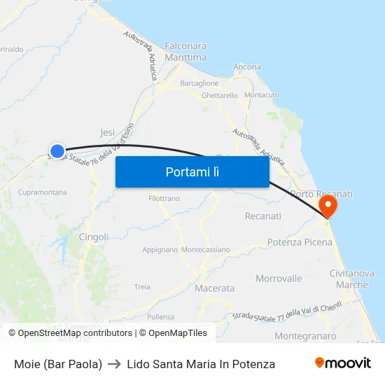 Moie (Bar Paola) to Lido Santa Maria In Potenza map