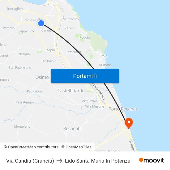 Via Candia (Grancia) to Lido Santa Maria In Potenza map