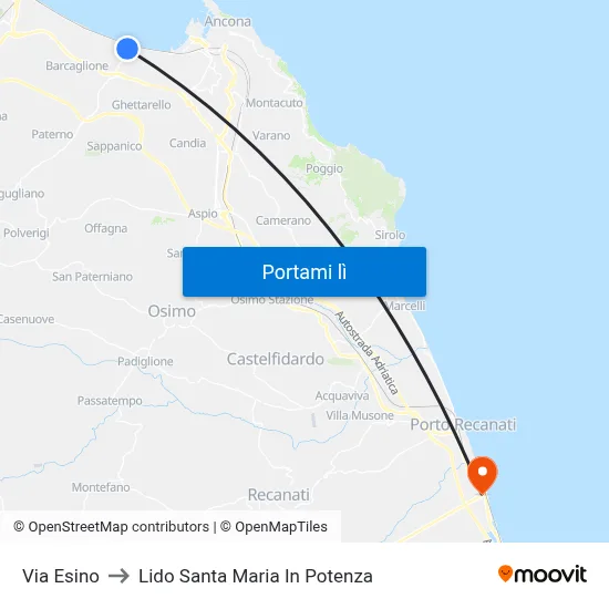 Via Esino to Lido Santa Maria In Potenza map