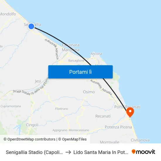 Senigallia Stadio (Capolinea) to Lido Santa Maria In Potenza map
