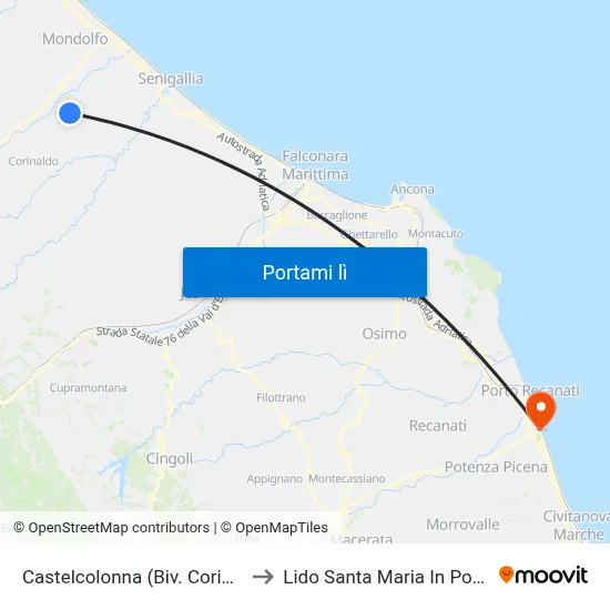 Castelcolonna (Biv. Corinaldo) to Lido Santa Maria In Potenza map