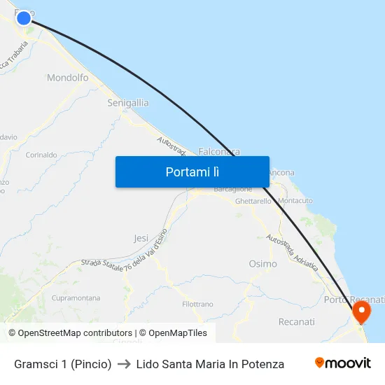 Gramsci 1 (Pincio) to Lido Santa Maria In Potenza map