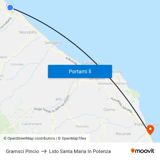 Gramsci Pincio to Lido Santa Maria In Potenza map