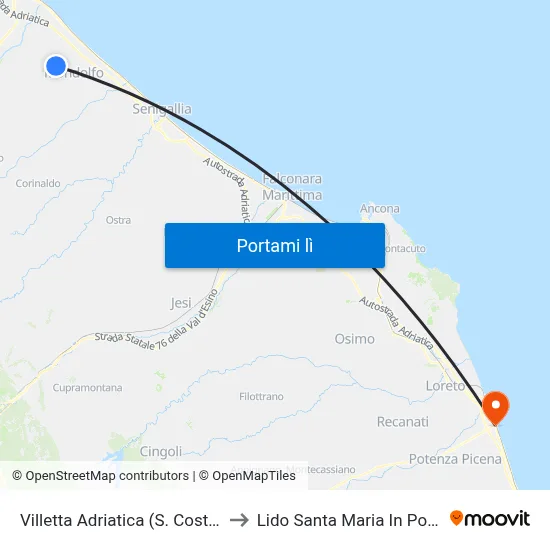 Villetta Adriatica (S. Costanzo) to Lido Santa Maria In Potenza map