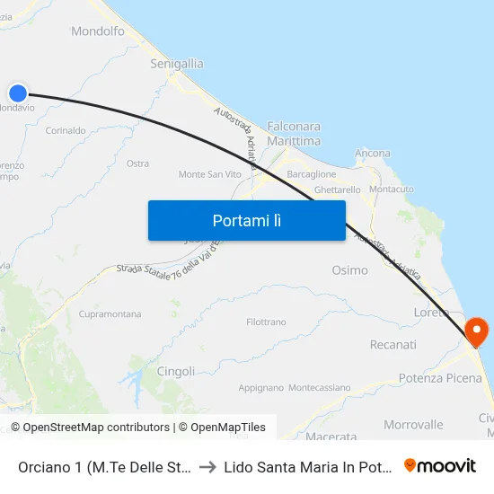 Orciano 1 (M.Te Delle Stelle) to Lido Santa Maria In Potenza map