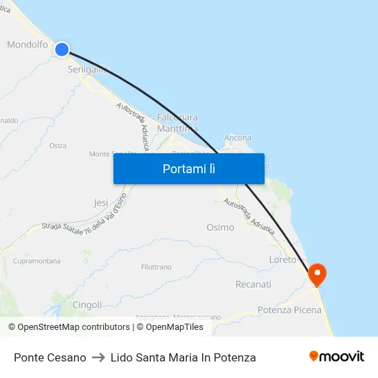 Ponte Cesano to Lido Santa Maria In Potenza map