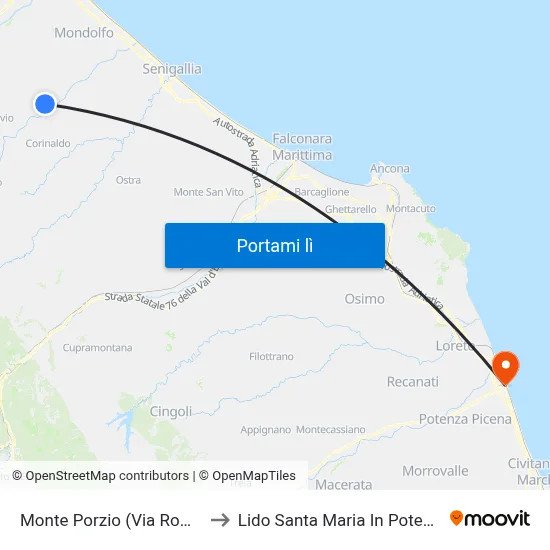 Monte Porzio (Via Roma) to Lido Santa Maria In Potenza map
