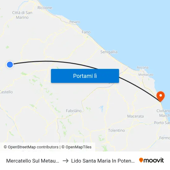Mercatello Sul Metauro to Lido Santa Maria In Potenza map