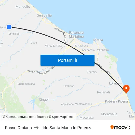 Passo Orciano to Lido Santa Maria In Potenza map