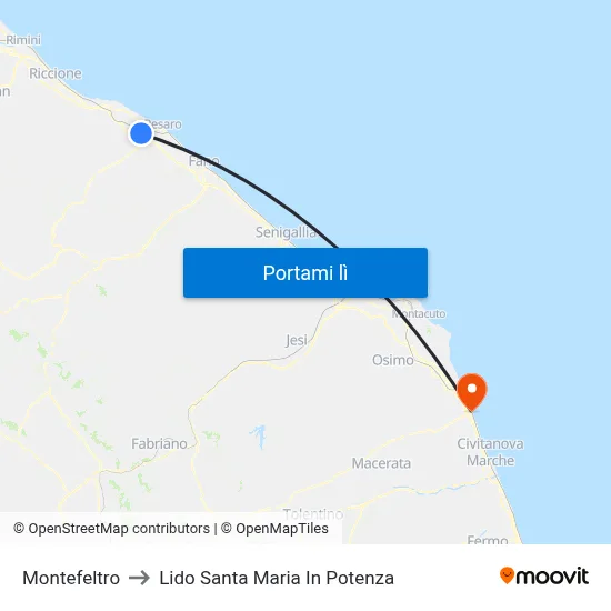Montefeltro to Lido Santa Maria In Potenza map