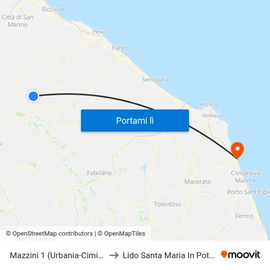 Mazzini 1 (Urbania-Cimitero) to Lido Santa Maria In Potenza map