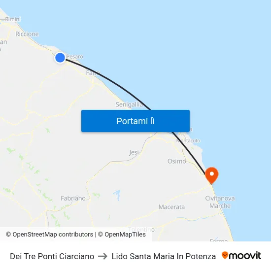 Dei Tre Ponti Ciarciano to Lido Santa Maria In Potenza map