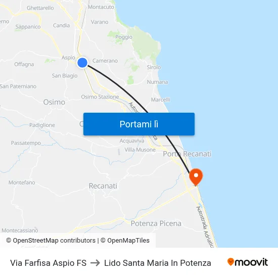 Via Farfisa Aspio FS to Lido Santa Maria In Potenza map