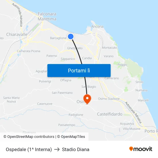 Ospedale (1^ Interna) to Stadio Diana map