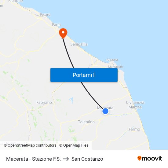 Macerata - Stazione F.S. to San Costanzo map