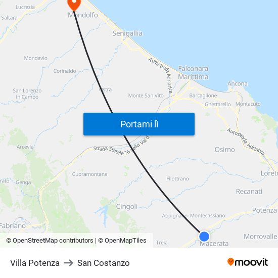 Villa Potenza to San Costanzo map