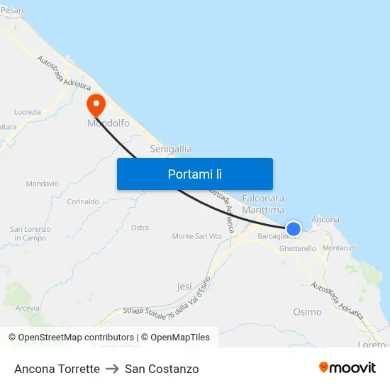 Ancona Torrette to San Costanzo map