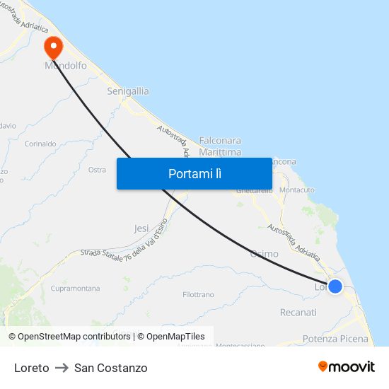 Loreto to San Costanzo map