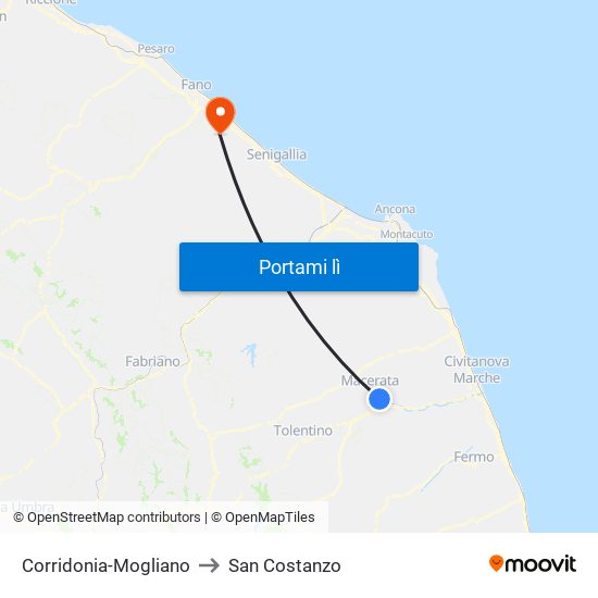 Corridonia-Mogliano to San Costanzo map