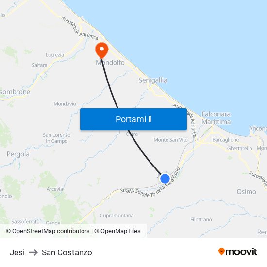 Jesi to San Costanzo map