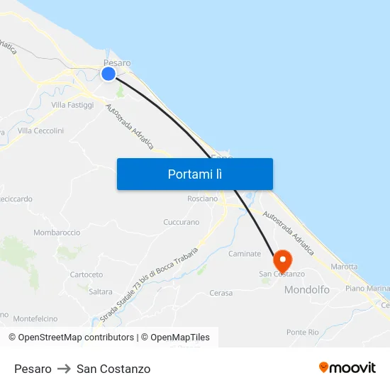 Pesaro to San Costanzo map