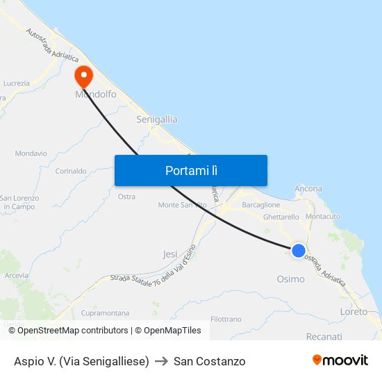 Aspio V. (Via Senigalliese) to San Costanzo map