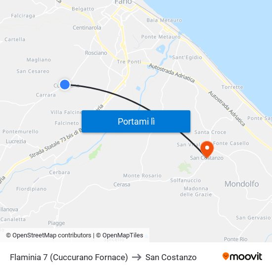 Flaminia 7 (Cuccurano Fornace) to San Costanzo map