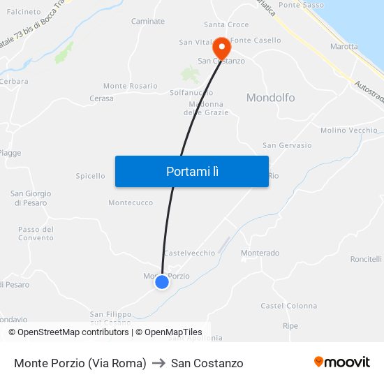 Monte Porzio (Via Roma) to San Costanzo map