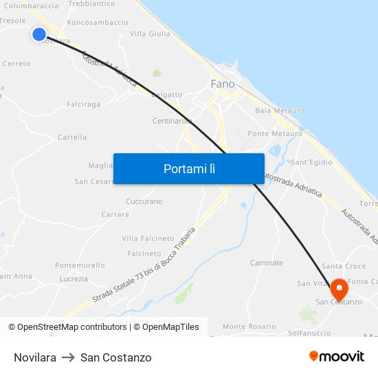 Novilara to San Costanzo map